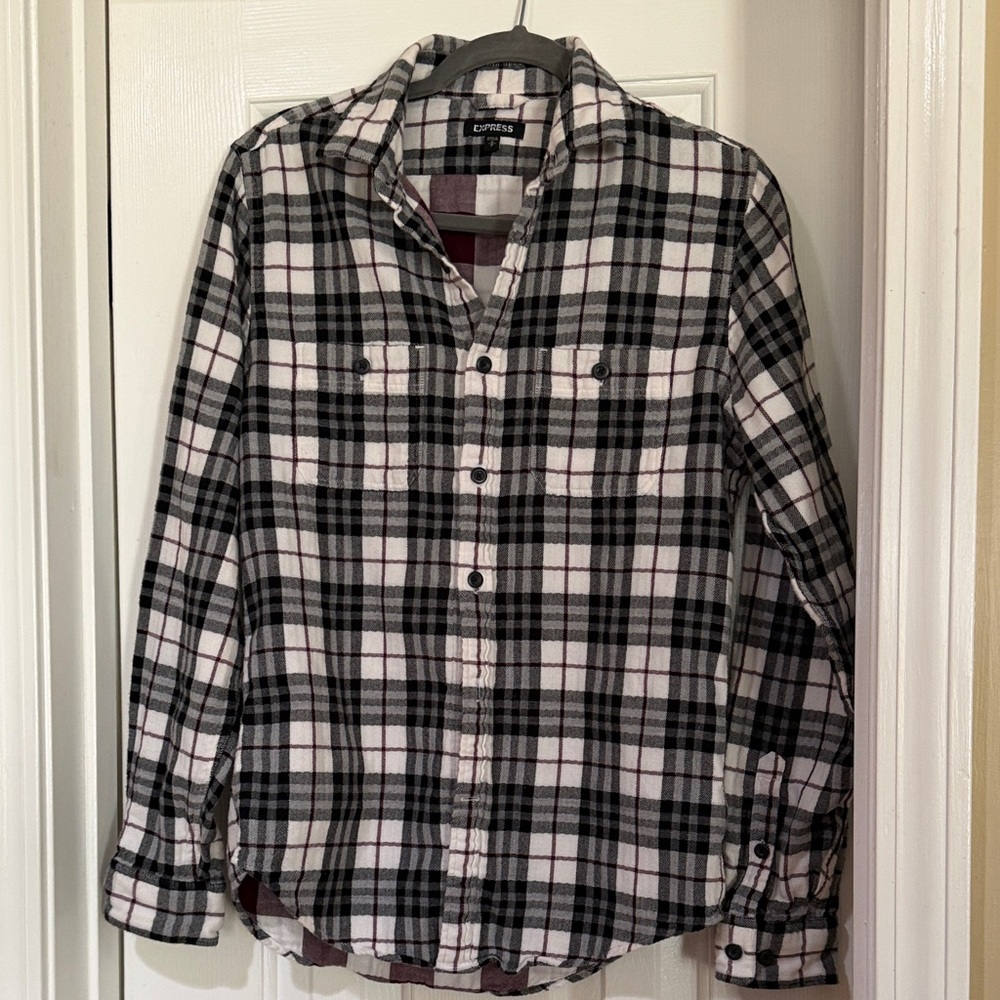 Express Black, White and Burgundy Plaid Button-Down Shirt
